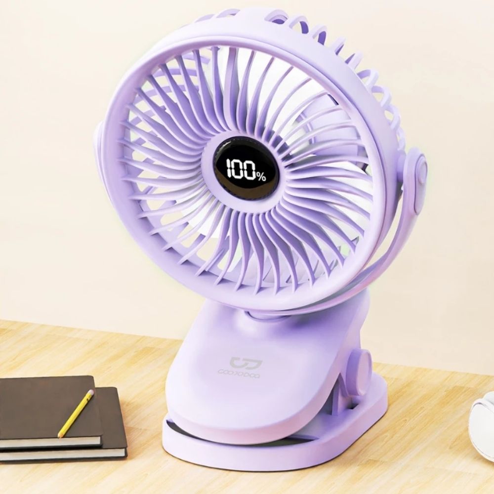 ELE-Product (41) Portable Clip-On Desk Fan with Digital Battery Display (Purple Edition) - Image 1